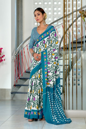 Rama Color Ikkat print Mulmul Cotton Saree