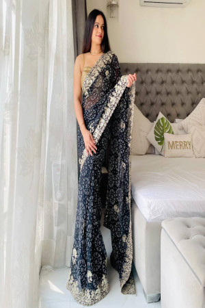 Black Color Embroidery Work Saree