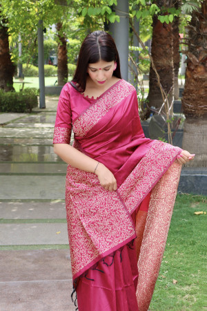 Pink color handloom Raw Silk Saree