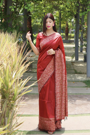 Red color Handloom Raw silk Saree
