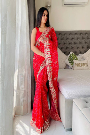 Red Color Bandhej Print Embroidery Work Saree