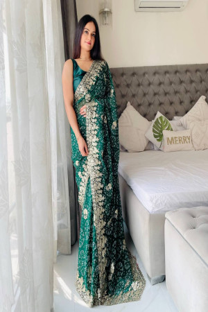Green Color Bandhani Print Embroidery Work Saree