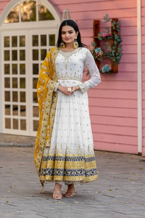 Yellow Embroidery Work Long Gown Set
