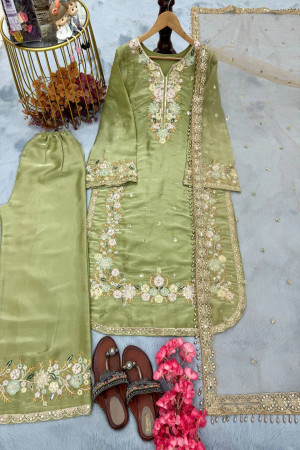 Green Embroidery Work Top Plazzo With Dupatta