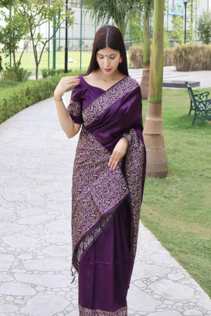Purple Handloom raw Silk Saree