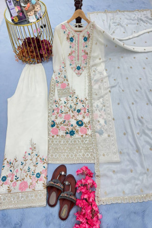 White Color Embroidery Work Top Plazzo With Dupata