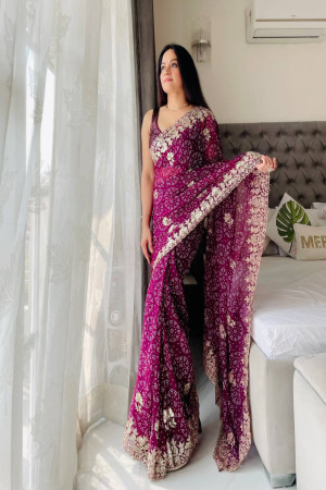 Purple Embroidery Work Saree Catalog