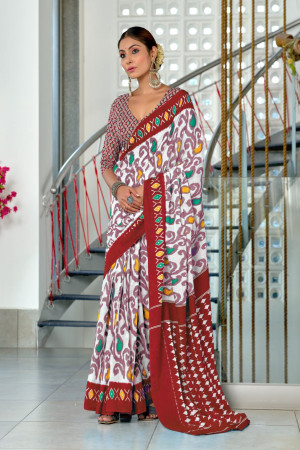 Marron Color Ikkat Hand Print Cotton Saree