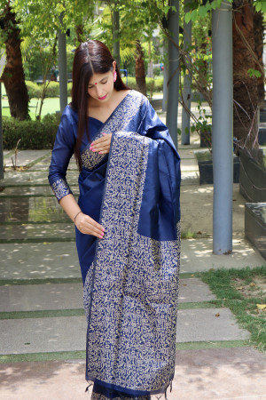 Navy Blue Handloom raw Silk Saree