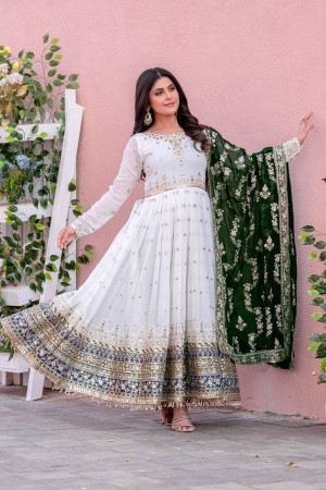 Green Color Long Embroidery Work Gown