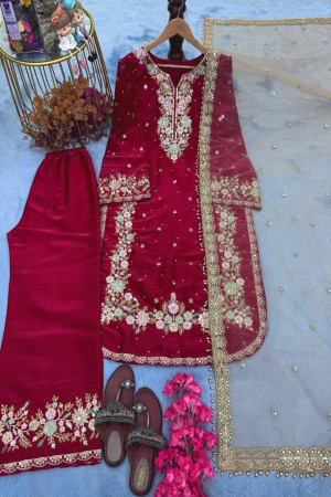 Red Color Top Plazzo  Dupatta Set