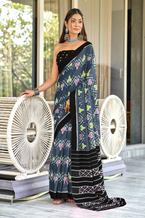 Gray Color Patola Hand Print Cotton Saree