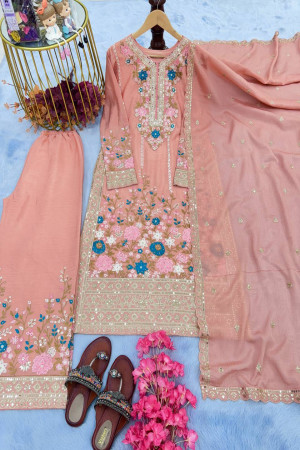 Peach Color Top Plazzo Set With Embroidery Work