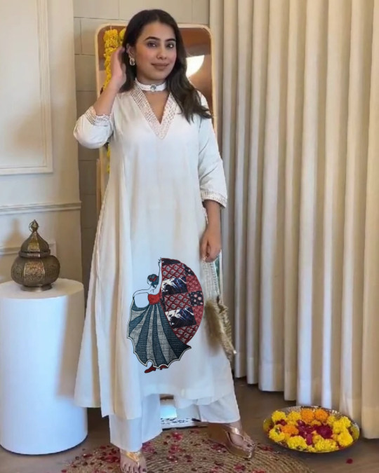 Embroidery Work V neck khadi cotton kurti Set