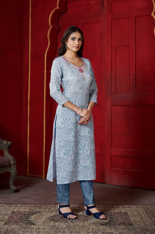 Blue Color Handwork COtton kurti