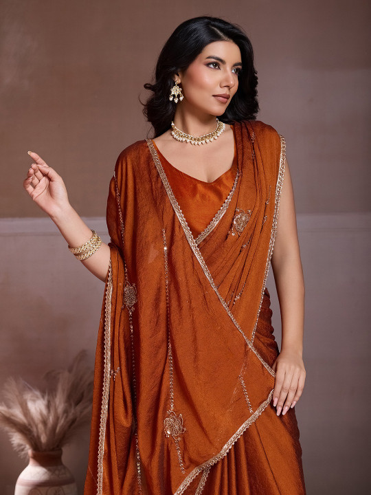 Elegant Party Wear Crush Silk Saree available in Orange color - Gallery Image 2
