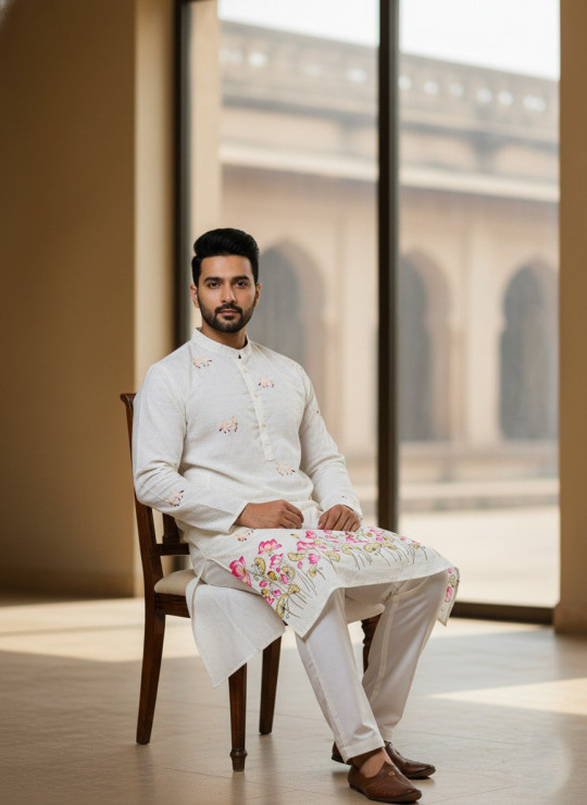 White Color Traditional Men’s Kurta crafted from premium cotton fabric with elegant digital crochet design. Comfortable, breathable, and perfect for traditional wear. - Gallery Image 2