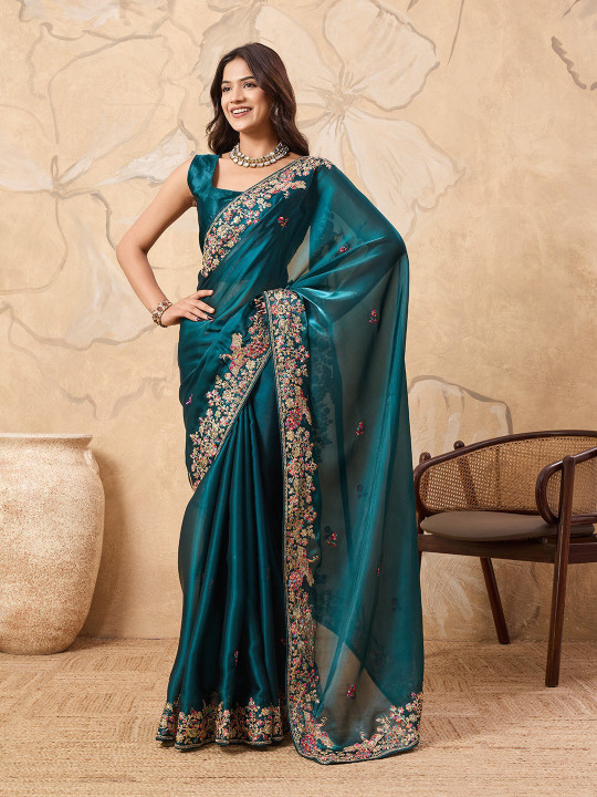 Rama Color Party Wear Embroidery Work Saree