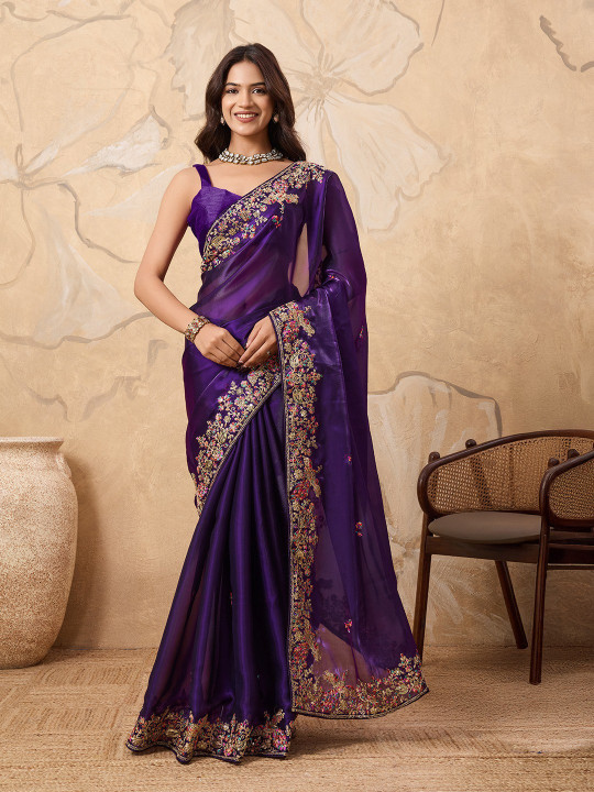 Purple Color Party Wear Embroidery Work Saree