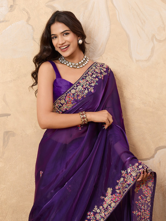 Purple Color Party Wear Embroidery Work Saree - Gallery Image 4